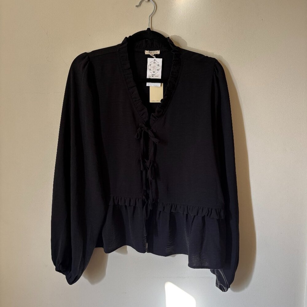 NWT JODIFL Black Bow Ruffle Women's Blouse Size M